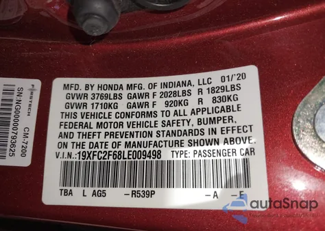 2020 Honda Civic Lx from USA, damaged, VIN 19XFC2F68LE009498